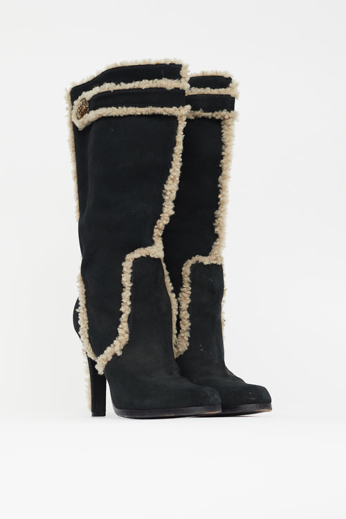 Louis Vuitton Black & Beige Suede High Heeled Boot