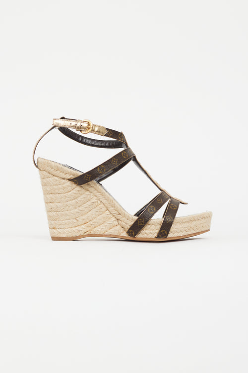Louis Vuitton Brown & Gold Monogram Wedge Sandal