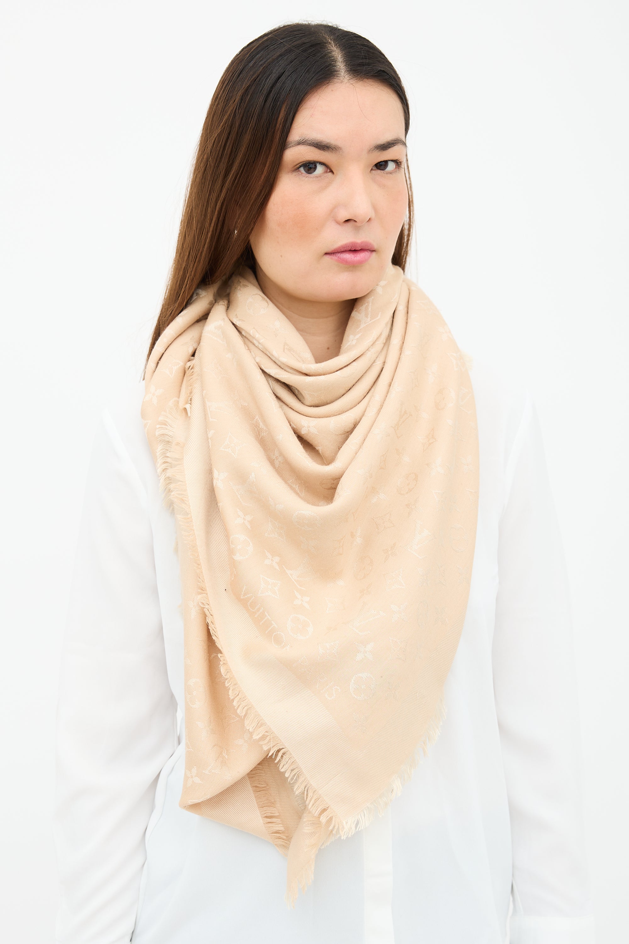 Louis Vuitton Silk & Wool Monogram Fringe Scarf