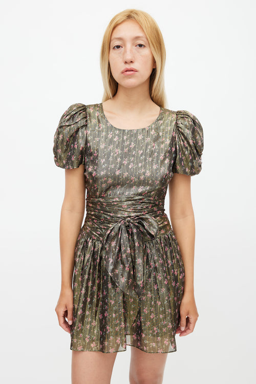 LoveShackFancy Gold & Multicolour Floral Metallic Belted Dress