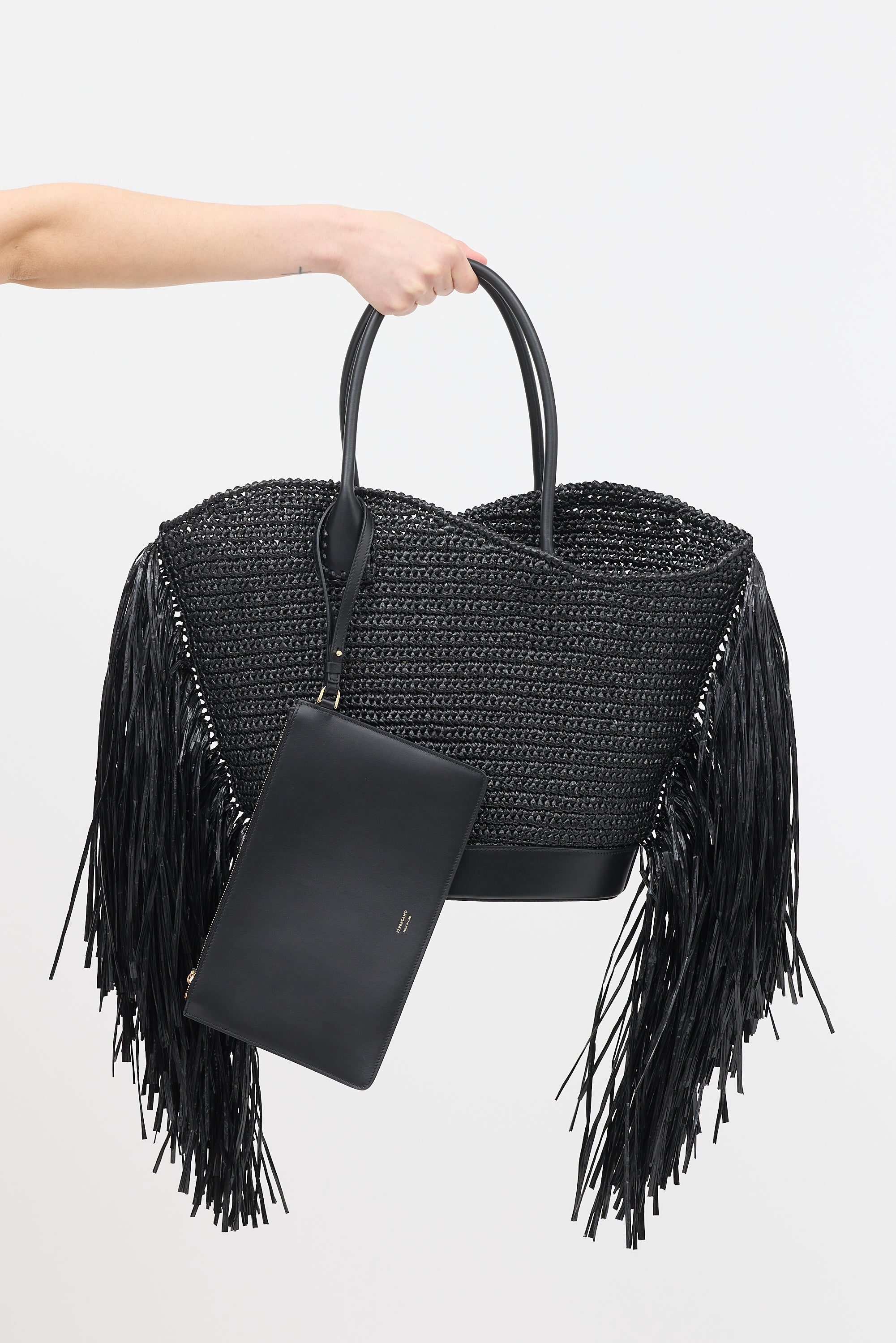 Ferragamo Raffia Fringe Tote Bag