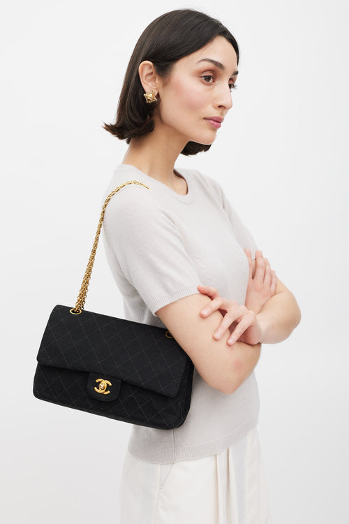 Chanel 1996/97 Black Jersey & 24K Gold Double Flap Bag