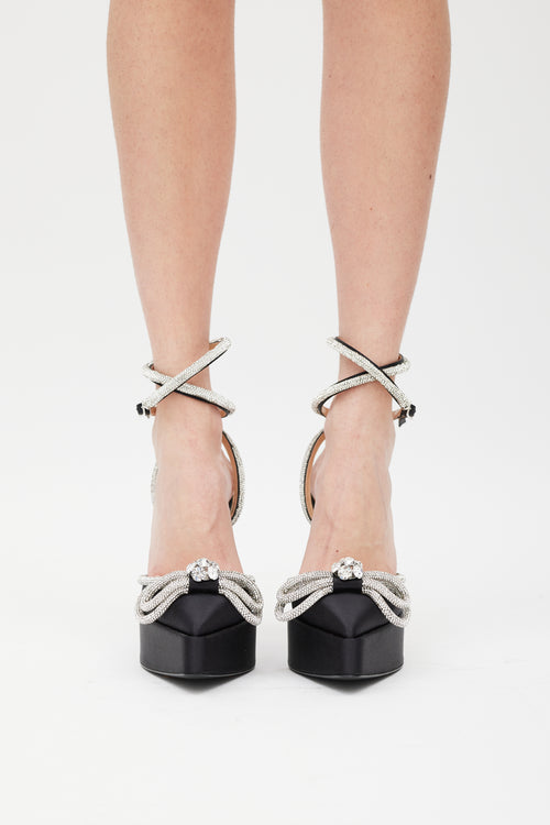 Mach & Mach Black & Silver Double Bow Crystal Satin Platform Heel