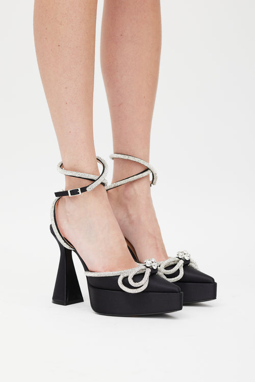 Mach & Mach Black & Silver Double Bow Crystal Satin Platform Heel
