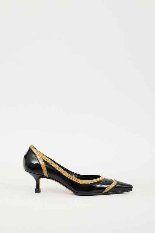 Manolo Blahnik Black & Beige Patent Leather Brogue Heel