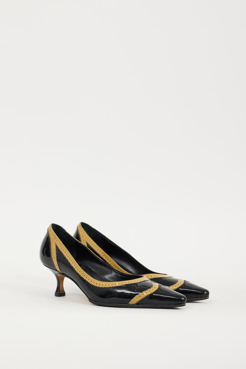 Manolo Blahnik Black & Beige Patent Leather Brogue Heel