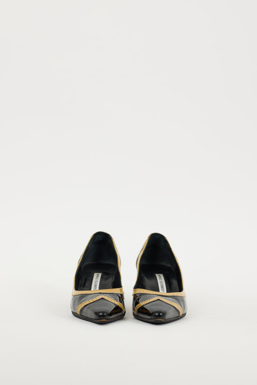 Manolo Blahnik Black & Beige Patent Leather Brogue Heel