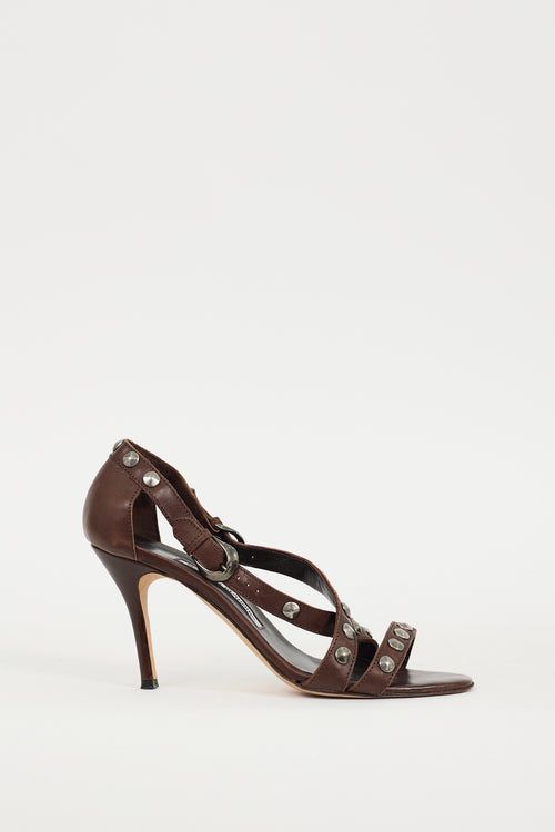 Manolo Blahnik Brown & Silver Leather Ningia Sandal