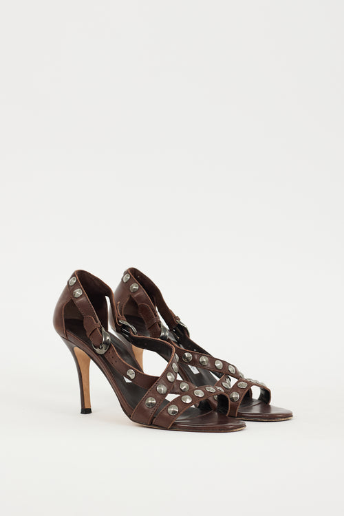 Manolo Blahnik Brown & Silver Leather Ningia Sandal