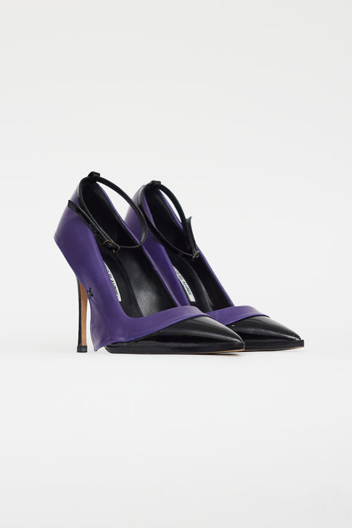 Manolo Blahnik Purple & Black Leather Flap Pump