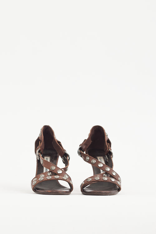 Manolo Blahnik Brown & Silver Studded Leather Strappy Heel