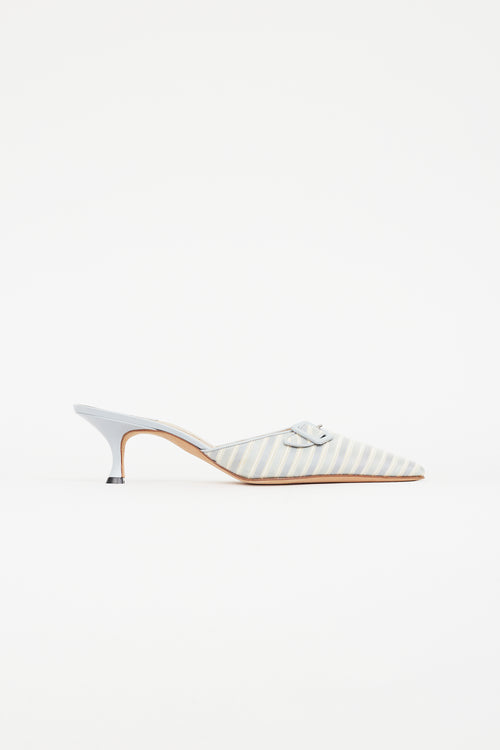 Manolo Blahnik Light Blue & Yellow Striped Buckle Mule