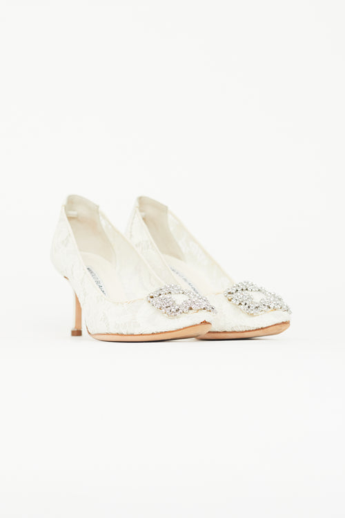 Manolo Blahnik Cream Hangisi Lace & Crystal Heel