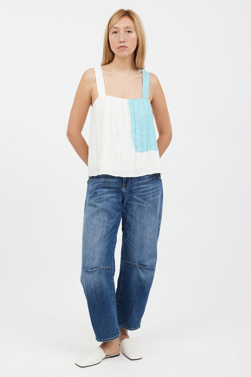 Mara Hoffman White & Blue Pleated Tank Top