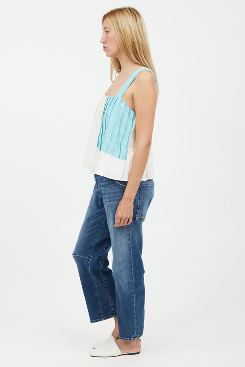Mara Hoffman White & Blue Pleated Tank Top