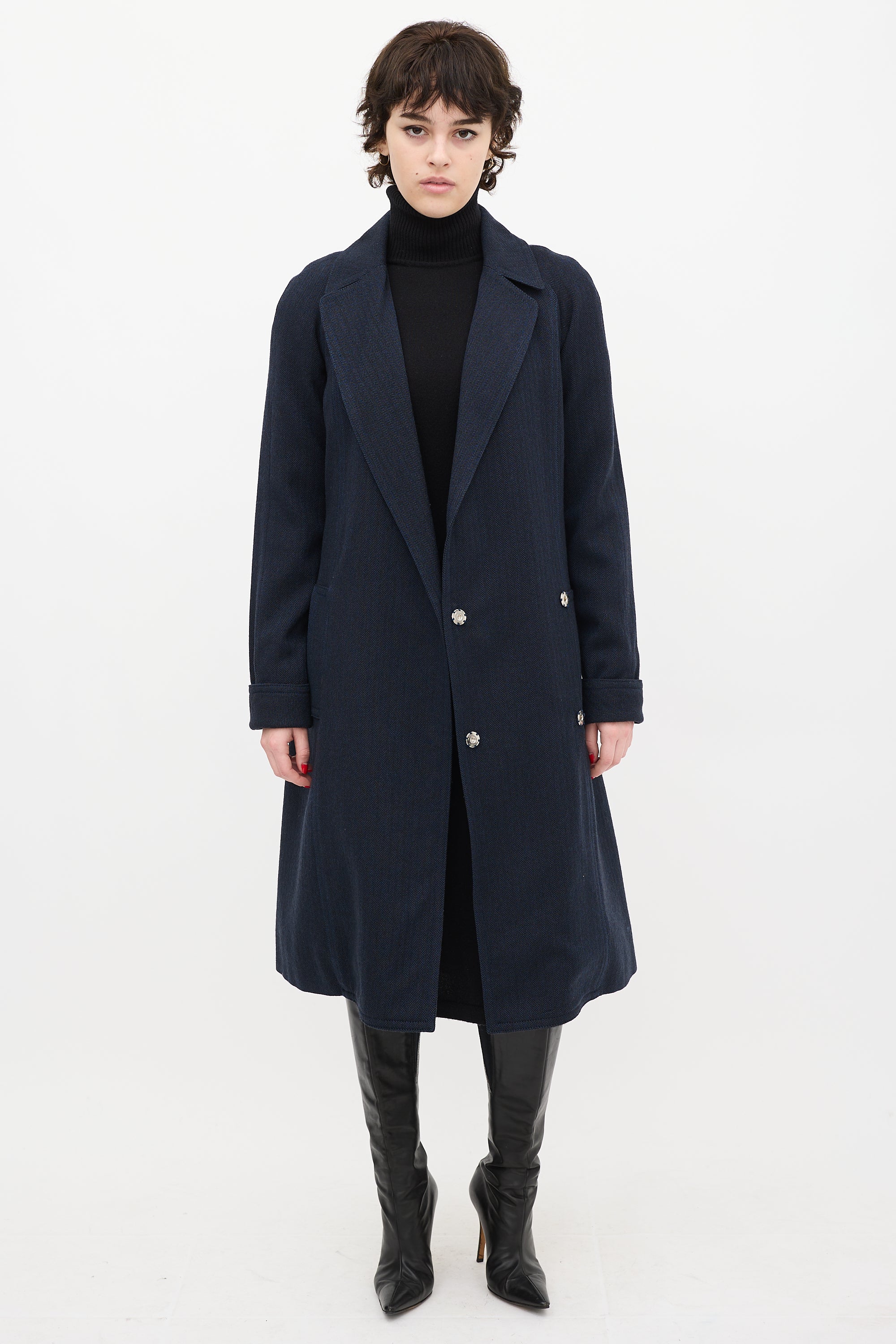 Marc Jacobs Navy Wool Herringbone Coat