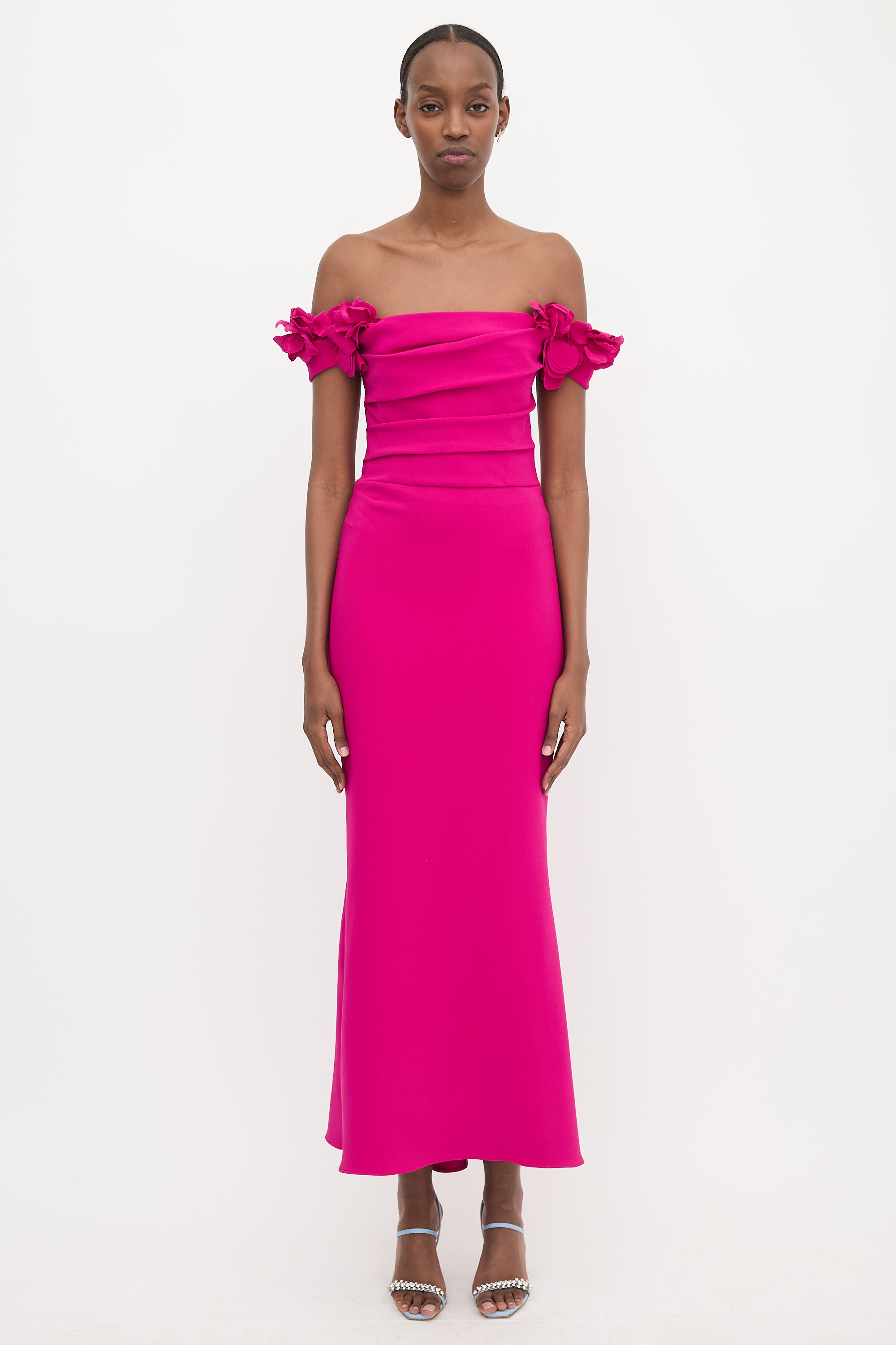 Marchesa Crepe Off Shoulder Maxi Dress