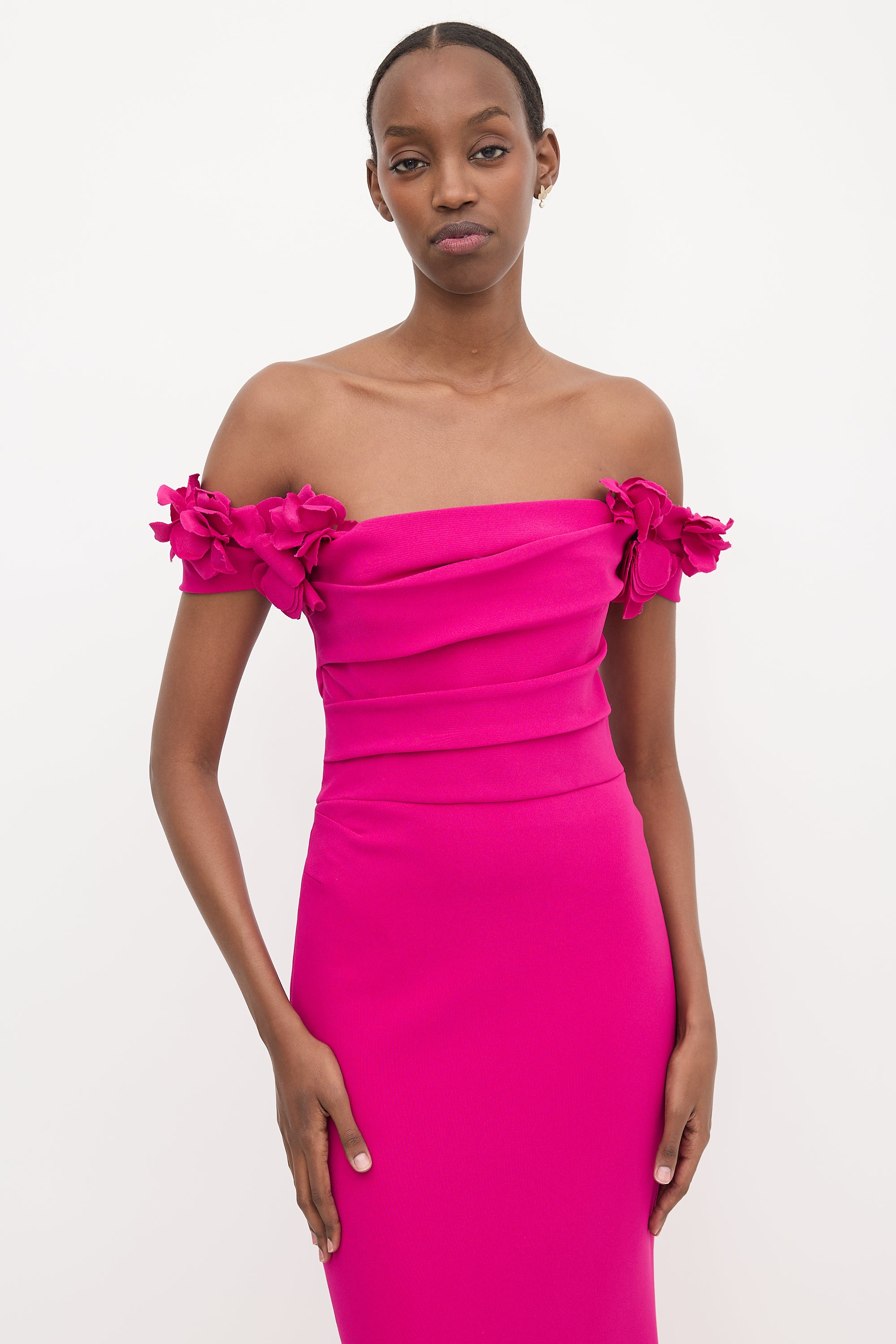 Marchesa Crepe Off Shoulder Maxi Dress