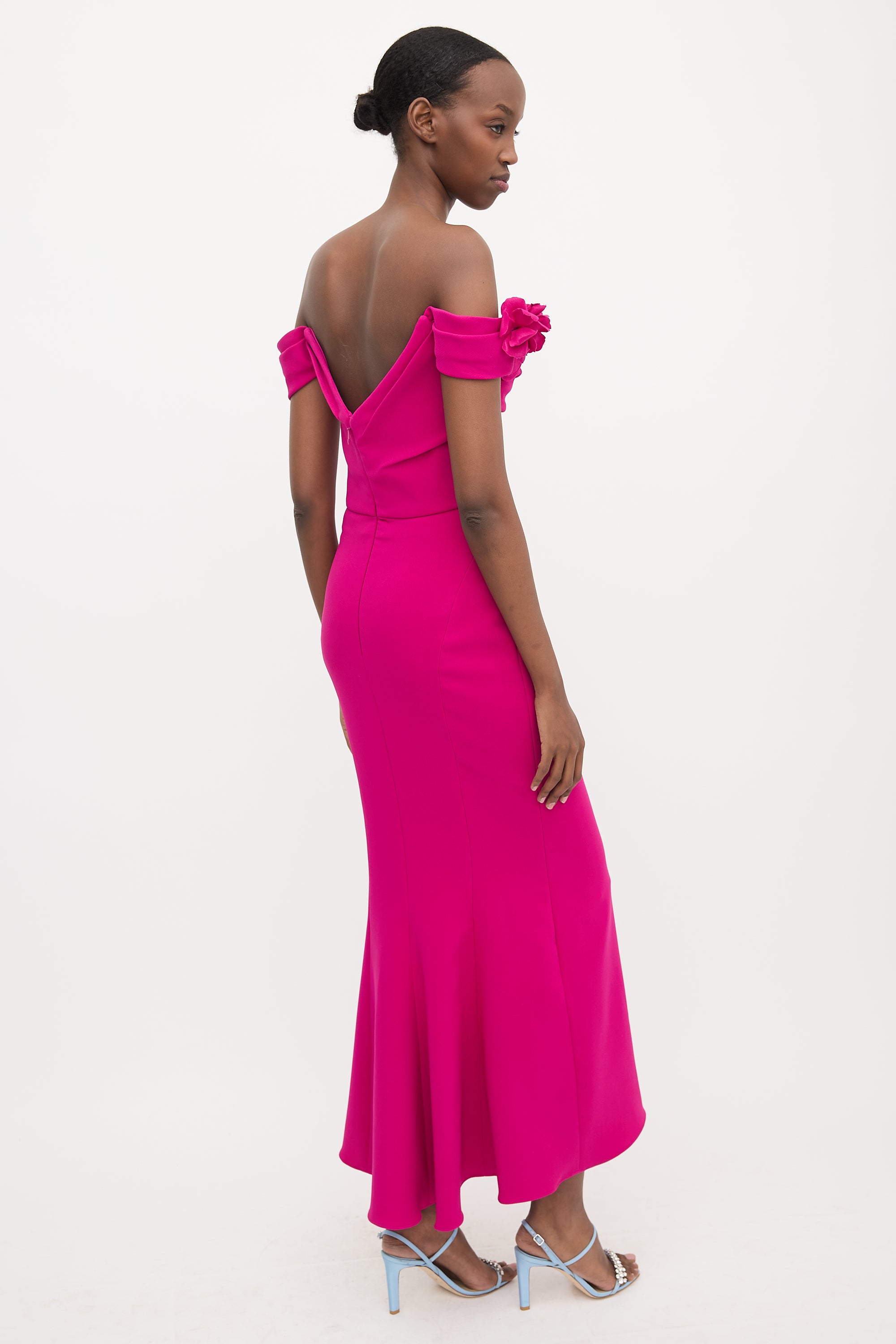 Marchesa Crepe Off Shoulder Maxi Dress