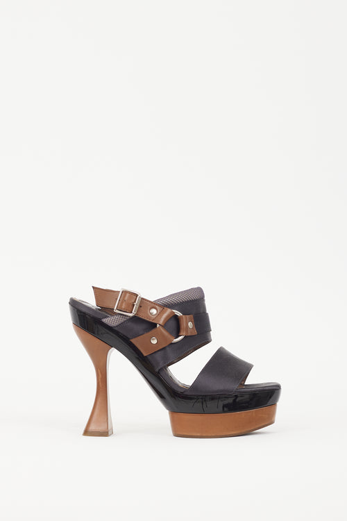 Marni Black Satin & Brown Wooden Platform Sandal