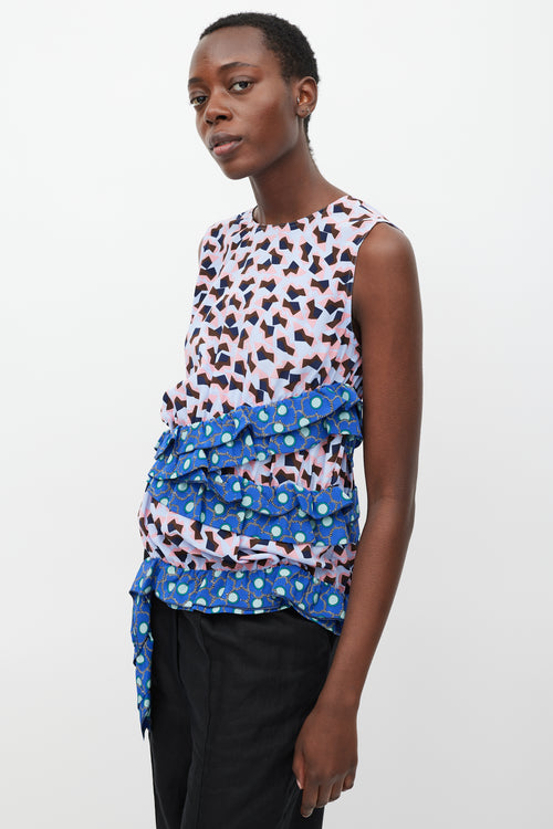 Marni Blue & Multi Silk Printed Ruffle Blouse