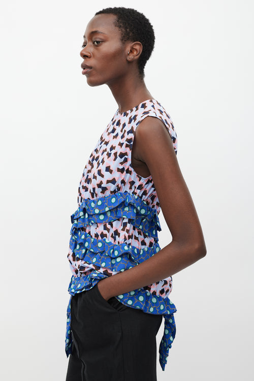 Marni Blue & Multi Silk Printed Ruffle Blouse
