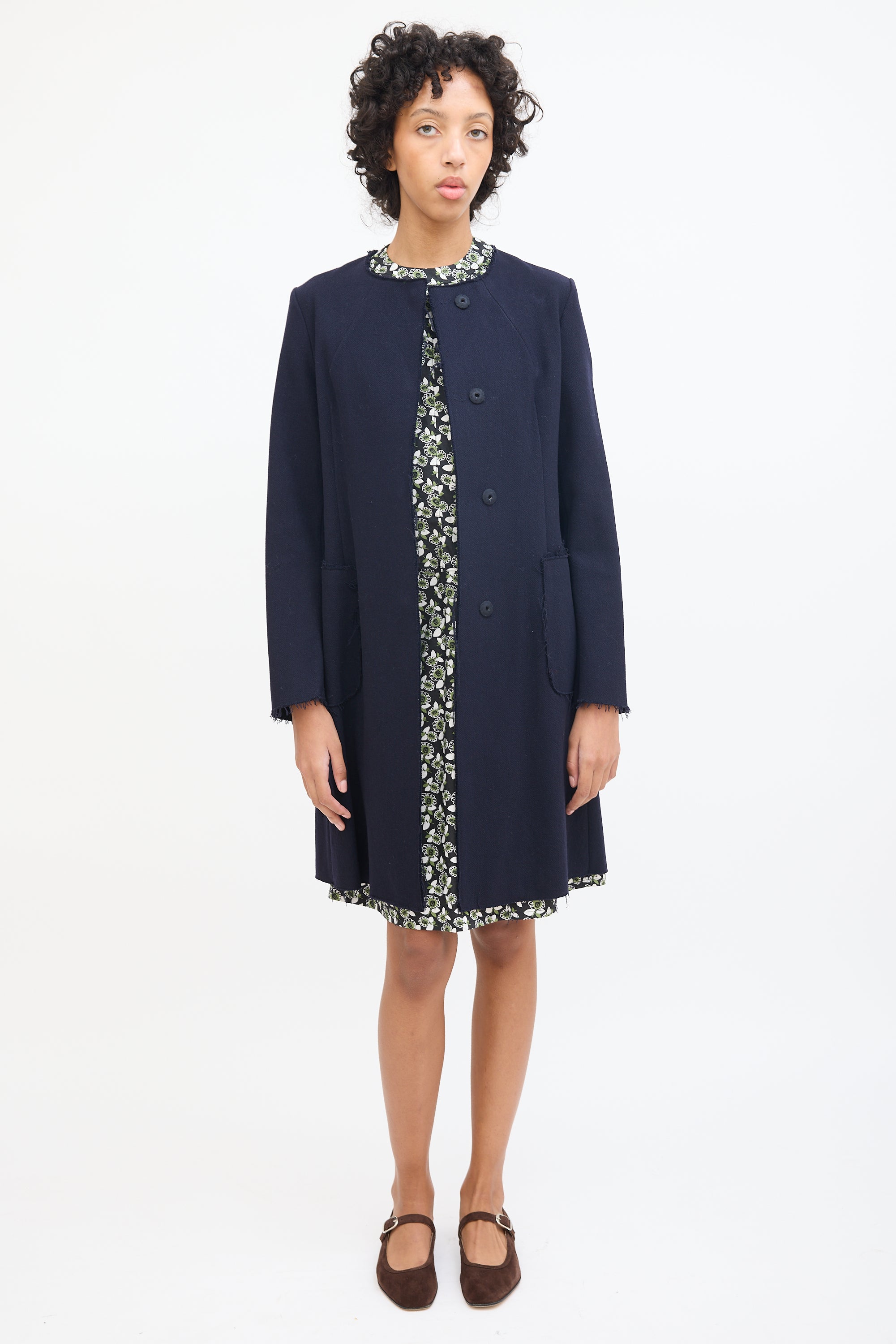 Marni Navy Wool Raw Edge Mid Length Coat