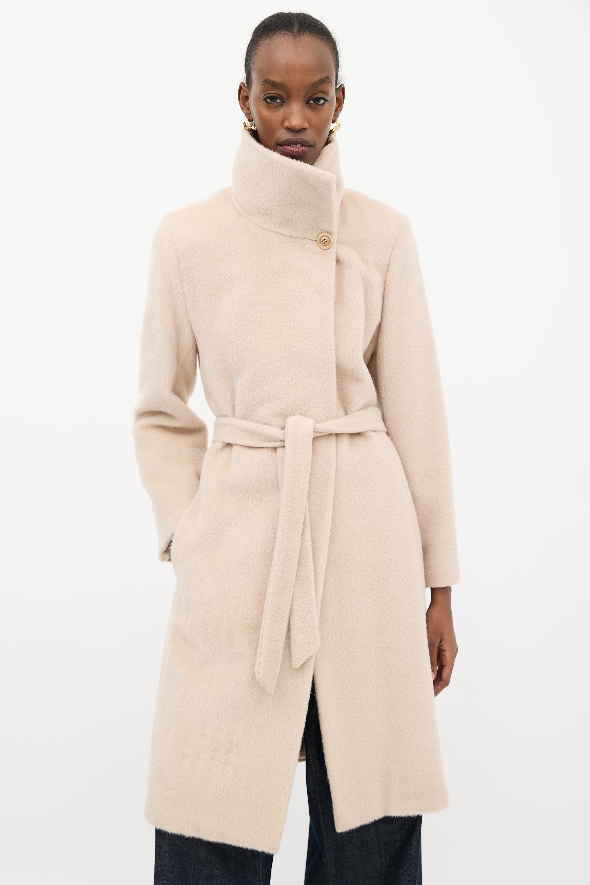 Max Mara Beige Funnel Neck Wrap Coat