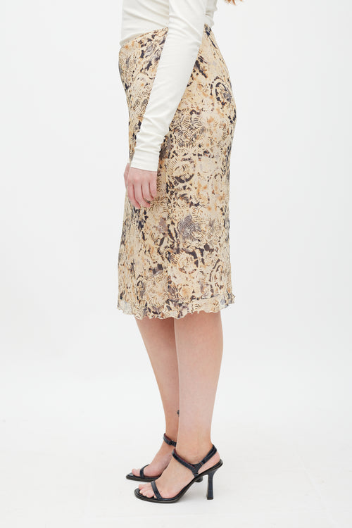 Max Mara Beige & Grey Silk Floral Skirt