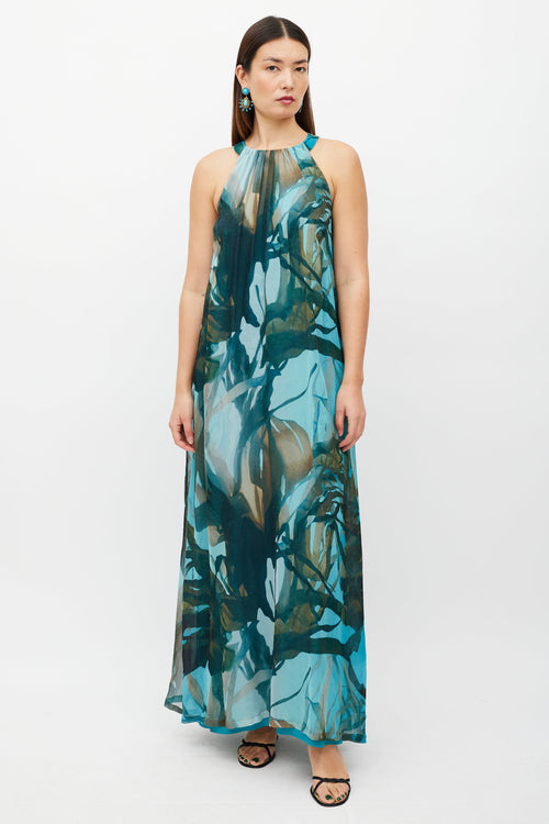 Max Mara Blue & Multicolour Silk Belted Dress