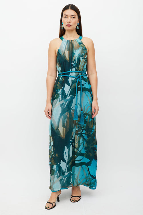 Max Mara Blue & Multicolour Silk Belted Dress