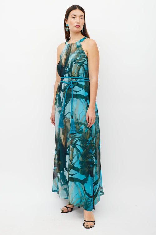 Max Mara Blue & Multicolour Silk Belted Dress