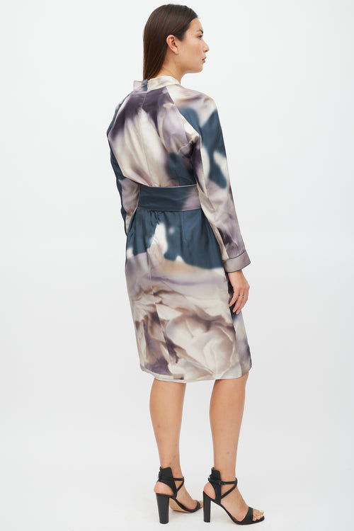 Max Mara Cream & Multicolour Silk Tie Dye Belted Dress