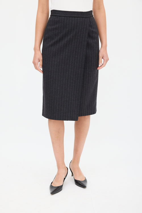 Max Mara Dark Grey Wool & Leather Striped Skirt