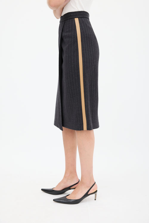 Max Mara Dark Grey Wool & Leather Striped Skirt