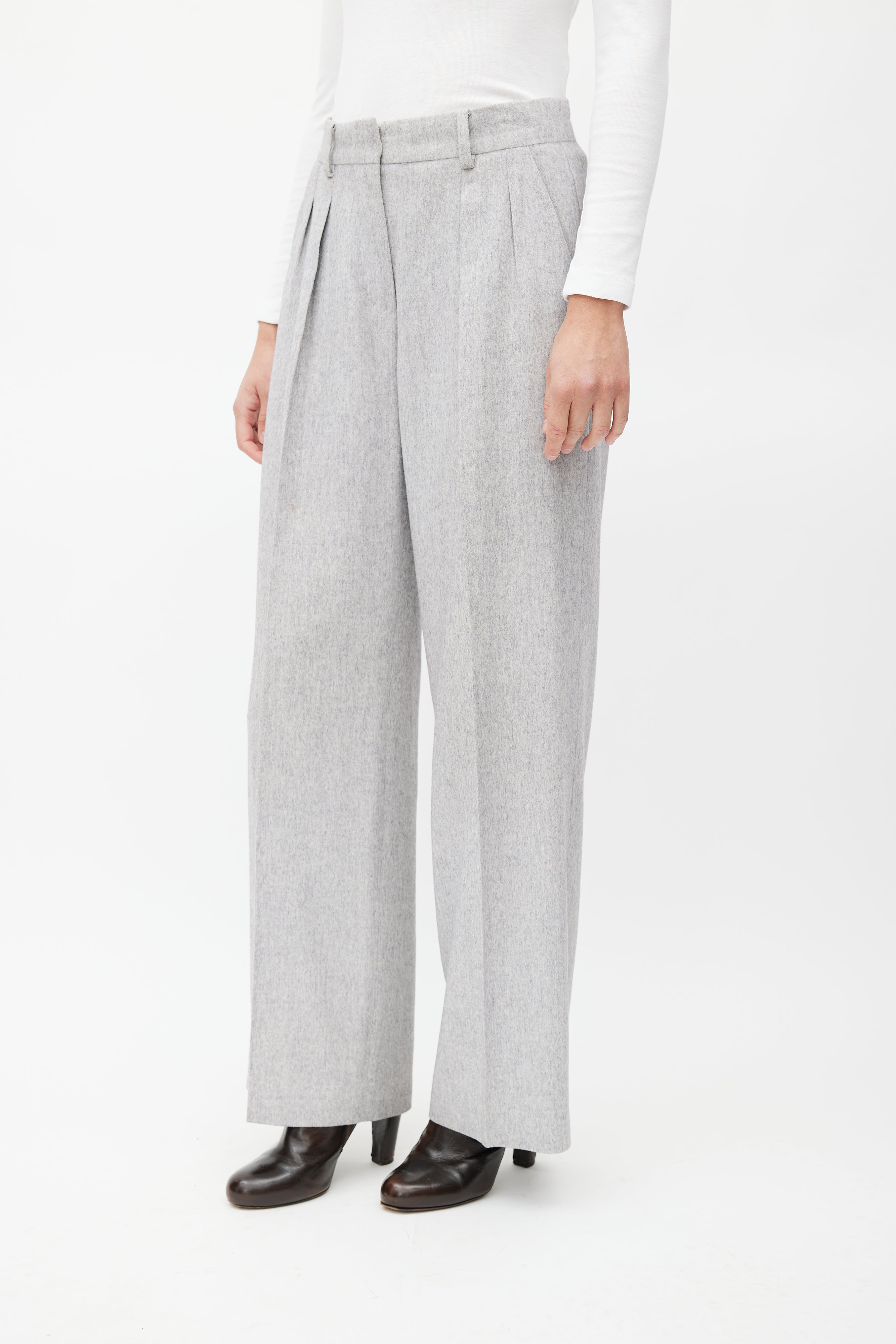 Max Mara Light Grey Wool Wide Leg Trouser