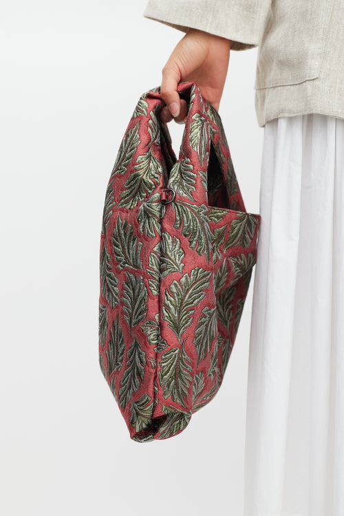 Max Mara Weekend Red & Green Leaf Brocade Tote Bag