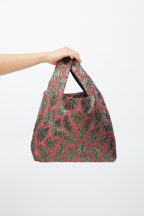 Max Mara Weekend Red & Green Leaf Brocade Tote Bag