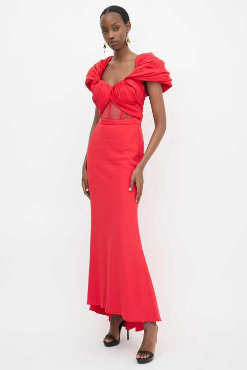 McQueen Poly Faille & Mesh Maxi Dress