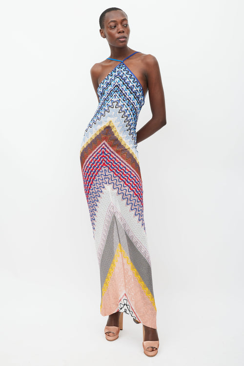 Missoni Blue & Multicolour Wave Knit Halter Dress