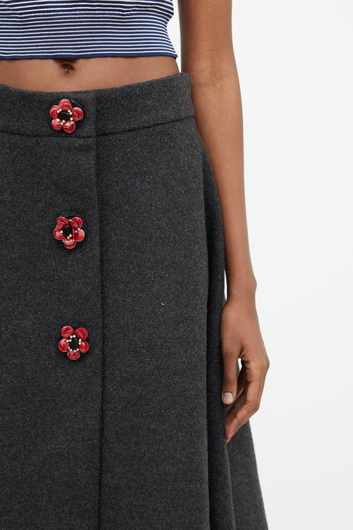 Miu Miu Dark Grey & Red Floral Embellished Skirt