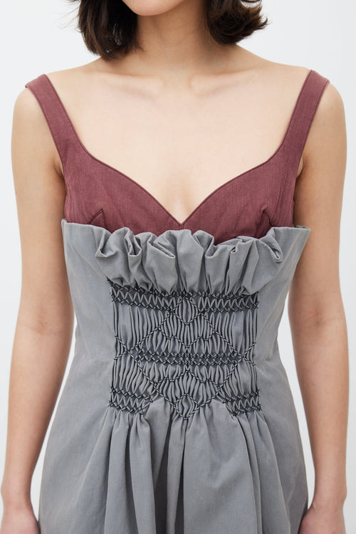 Miu Miu Grey & Red Smocked Dress