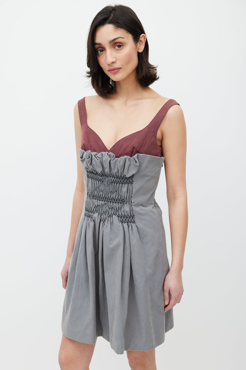 Miu Miu Grey & Red Smocked Dress