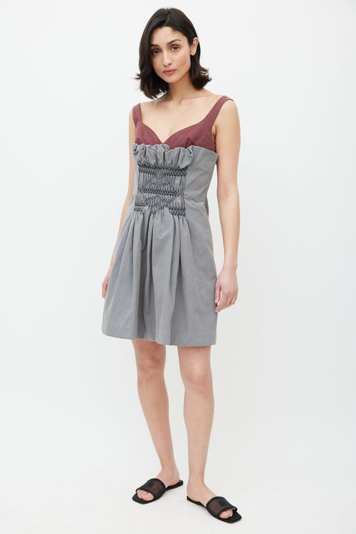 Miu Miu Grey & Red Smocked Dress