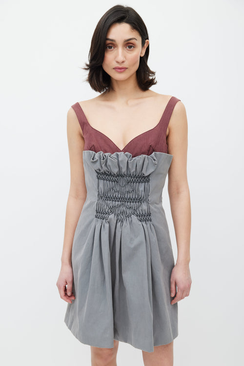 Miu Miu Grey & Red Smocked Dress