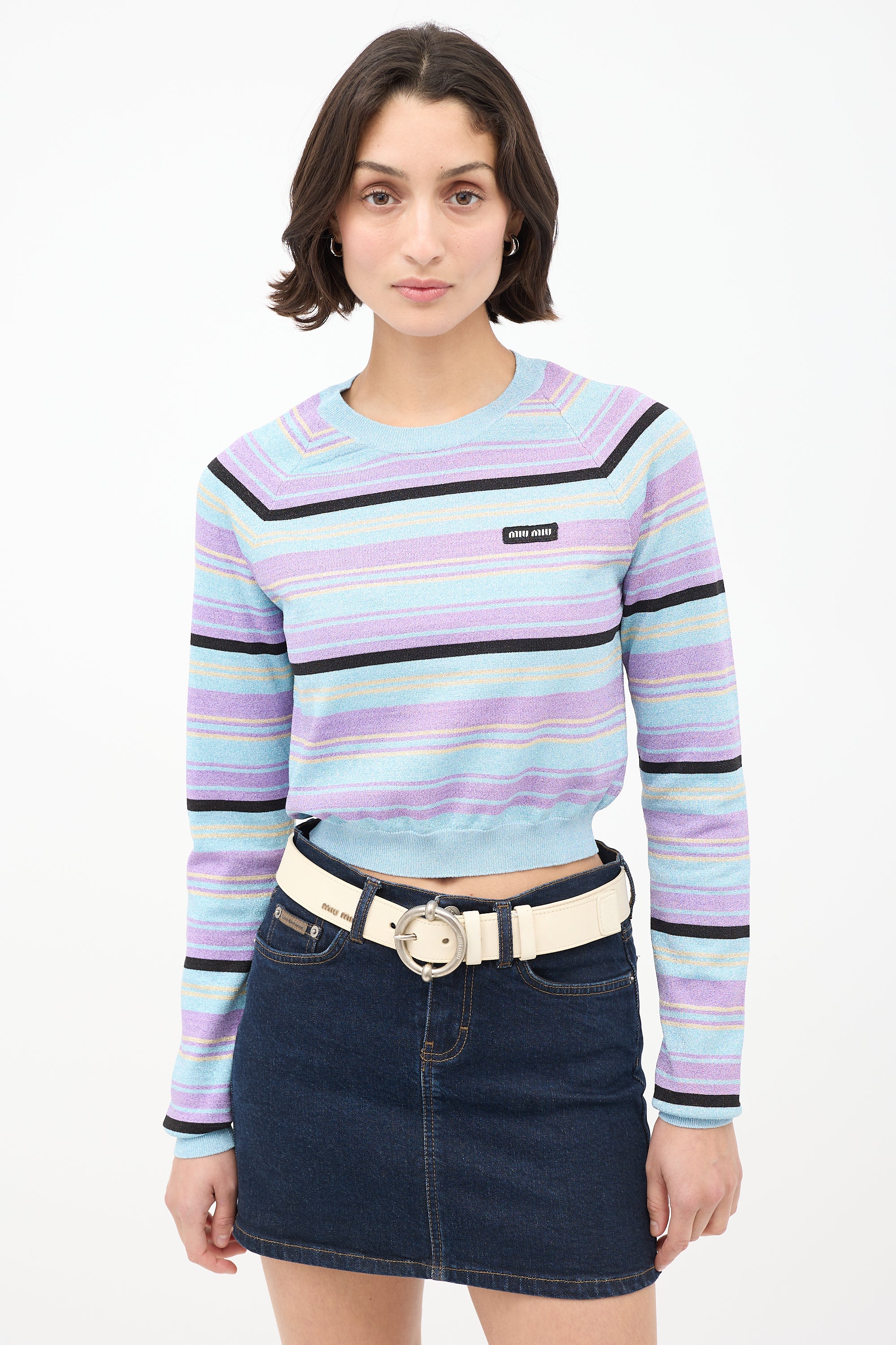 Miu Miu Light Blue & Multicolour Sparkly Striped Cropped Sweater