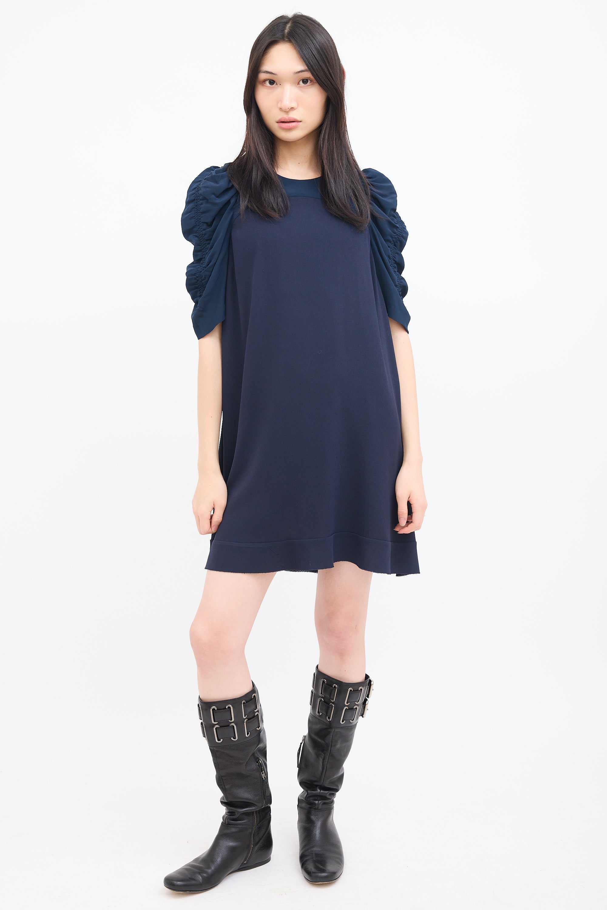 Miu Miu Navy Ruched Half Sleeve Mini Dress
