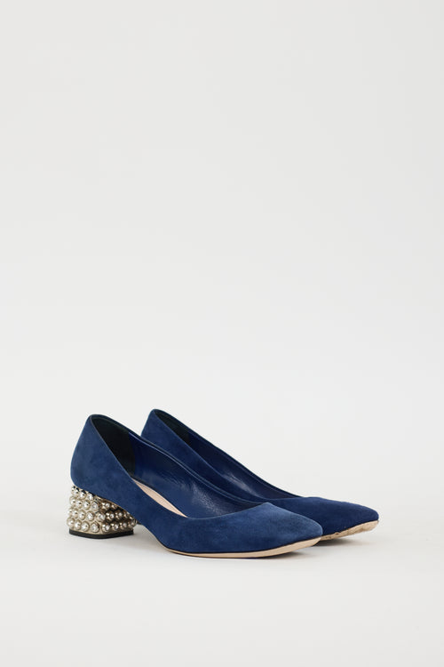 Miu Miu Navy & Silver Suede Jewel Pump