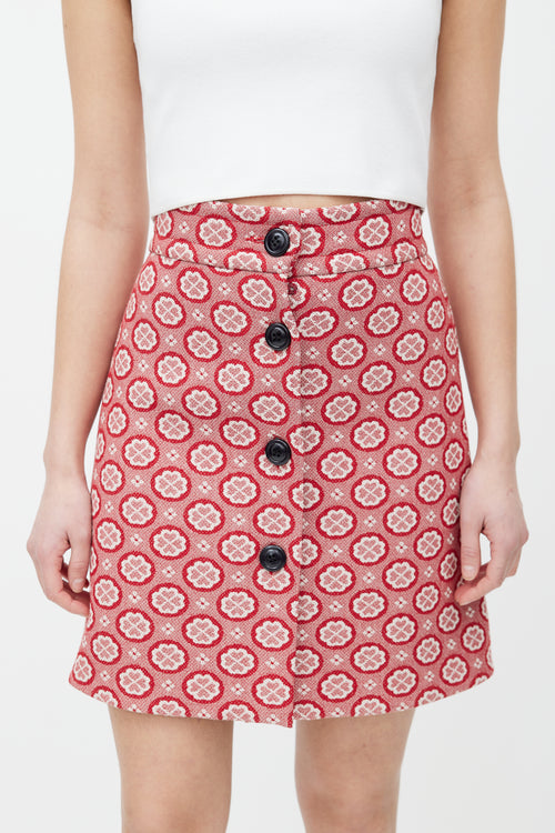 Miu Miu Red & White Floral Woven Skirt