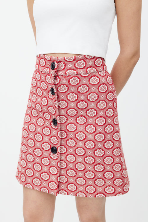 Miu Miu Red & White Floral Woven Skirt